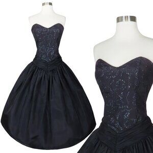 Vintage 80s 50s Strapless Black Taffeta Glitter Full Skirt Prom Party Dress XS